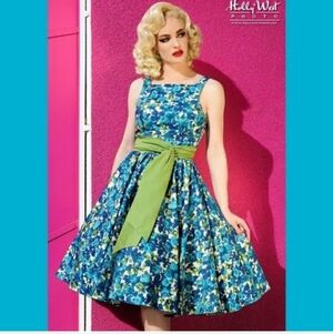 Pinup Couture Vibrant Blue and Green Floral Midi Dress